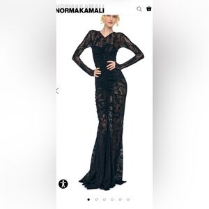 Norma Kamali Long Sleeve V Neck Shirred Front Fishtail Gown